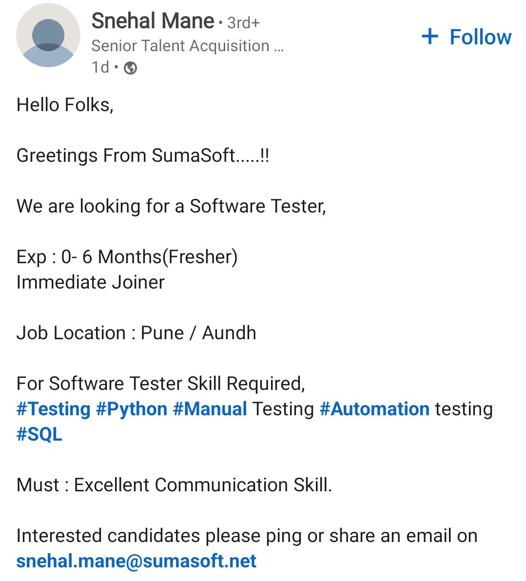 SuhasNersekar's tweet photo. 🚨🚨 Immediate Hiring for Fresher Software Tester
#softwaretester
#ITJobs #engineer #Automation #pune #sumasoft #it #SupremeCourtOfIndia #Trending #Arvind_Kejriwal #benbvolliefde #LCDLFMX2 https://t.co/va8fnySJjy