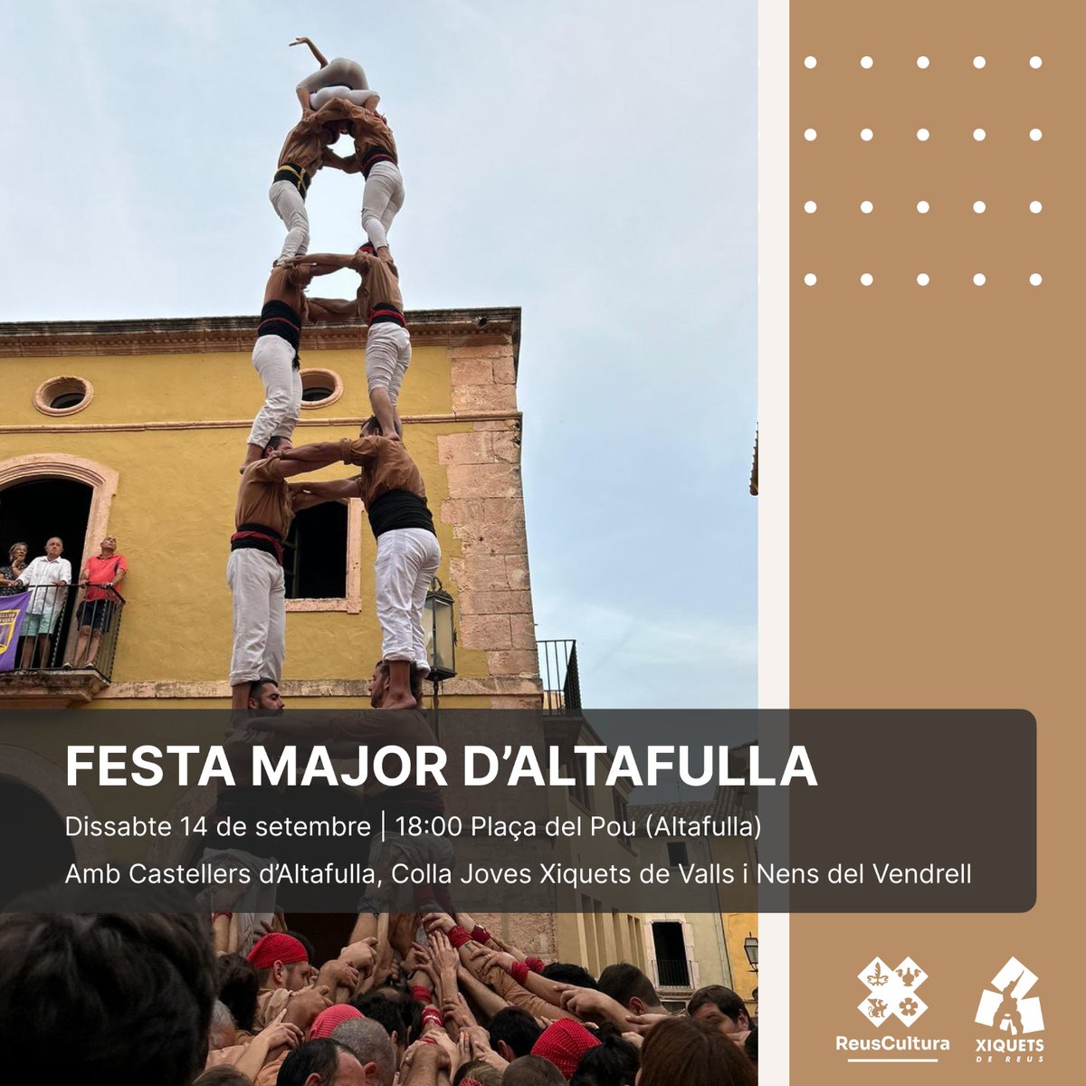 Bon dia, Xiquets! 🌰
Demà a les 18h actuem a la Plaça del Pou d'Altafulla, en motiu de la Diada de Festa Major.
A més dels amfitrions, els <a href="/CdAltafulla/">Castellers d’Altafulla</a>, ens acompanyaran els <a href="/nensdelvendrell/">Nens del Vendrell</a> i la <a href="/JovesValls/">Colla Joves Xiquets de Valls</a>.

Recordeu apuntar-vos a l'aplicació!

#castells #CollitaAvellana