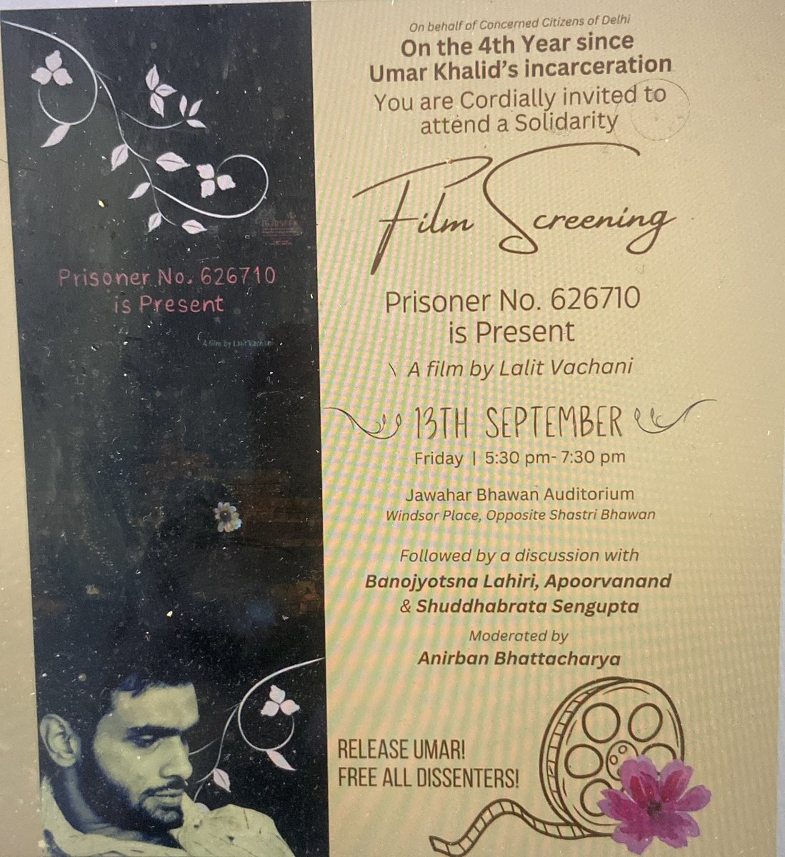 Gautam Bhatia (@gautambhatia88) on Twitter photo Today, at 5 30 PM, there is a discussion + film screening to mark the 4 years that Umar Khalid has been jailed without trial. 
If you’ve read the court orders denying him bail, you’ll know that this is one of the worst travesties of justice. 
Brave the rain and come if you can. Today, at 5 30 PM, there is a discussion + film screening to mark the 4 years that Umar Khalid has been jailed without trial. 
If you’ve read the court orders denying him bail, you’ll know that this is one of the worst travesties of justice. 
Brave the rain and come if you can.