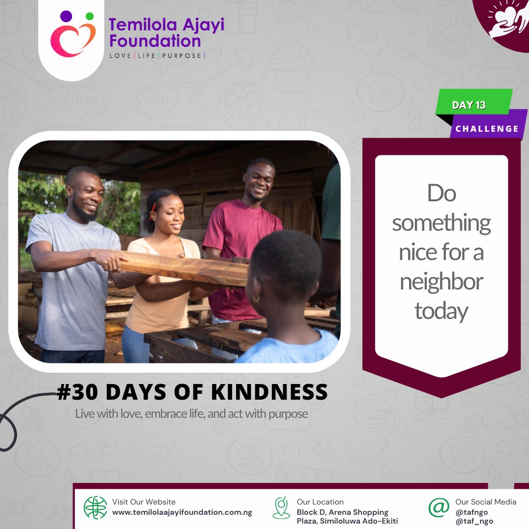 taf_ngo's tweet image. How often do you think about the little things you can do for your neighbors?

As we step into the weekend, let’s make an effort to bring a little extra joy to those around us.

Remember, small gestures can also help promote a sense of belonging and unity.

#30DaysofKindness