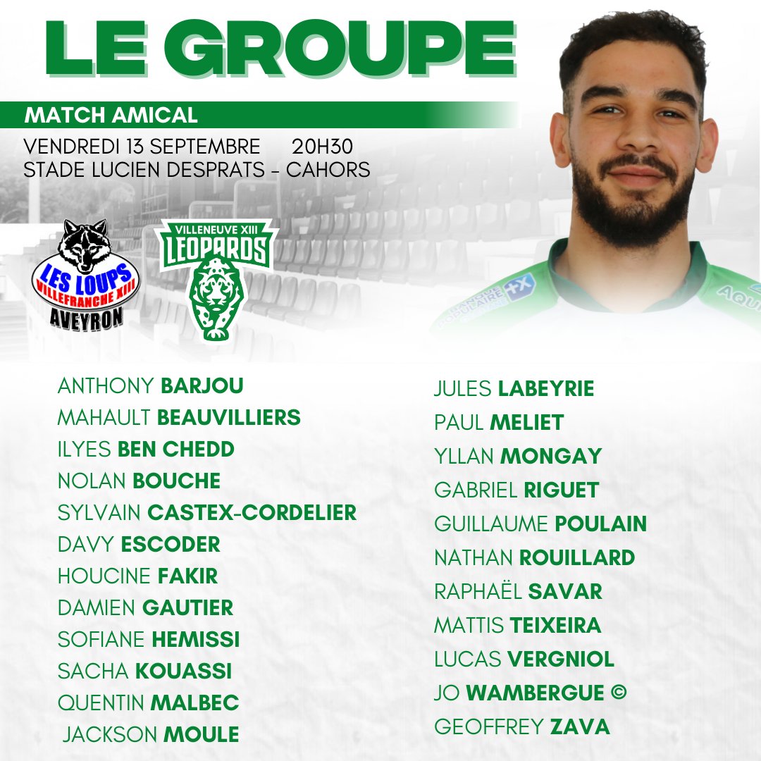 Villeneuve XIII Rugby League (@villeneuvexiii) on Twitter photo ๐๐ ๐๐ฅ๐ข๐จ๐ฃ๐ ๐ฃ๐ข๐จ๐ฅ ๐ฉ๐๐๐๐๐๐ฅ๐๐ก๐๐๐ ๐๐ ๐ฅ๐ข๐จ๐๐ฅ๐๐จ๐ ๐
Constant Villegas a dรฉvoilรฉ le groupe des 23 joueurs qui participeront ce soir sur la pelouse de Cahors Lot XIII ร la rencontre de prรฉparation face ร <a href="/Villefranche13A/">Villefranche XIII-Aveyron</a> ๐ ๐๐ ๐๐ฅ๐ข๐จ๐ฃ๐ ๐ฃ๐ข๐จ๐ฅ ๐ฉ๐๐๐๐๐๐ฅ๐๐ก๐๐๐ ๐๐ ๐ฅ๐ข๐จ๐๐ฅ๐๐จ๐ ๐
Constant Villegas a dรฉvoilรฉ le groupe des 23 joueurs qui participeront ce soir sur la pelouse de Cahors Lot XIII ร la rencontre de prรฉparation face ร <a href="/Villefranche13A/">Villefranche XIII-Aveyron</a> ๐