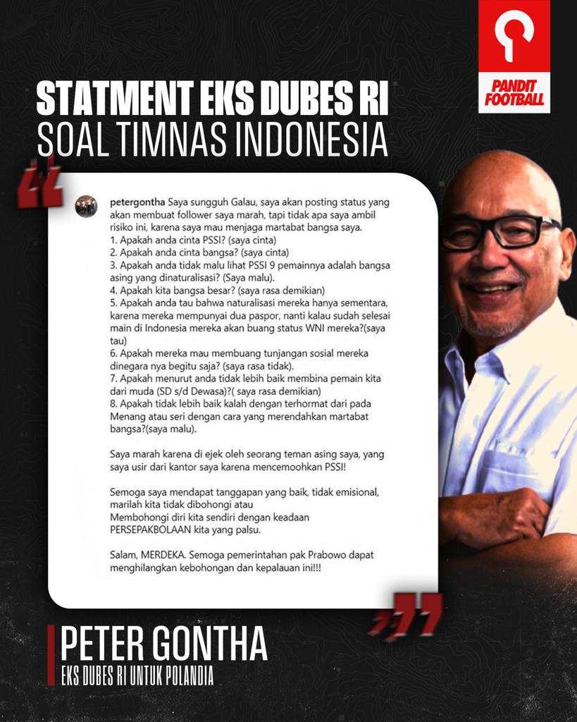 panditfootball's tweet image. Peter Gontha menyampaikan kegalauannya tentang pemain naturalisasi Timnas Indonesia lewat media sosialnya.

Dari beberapa pernyataannya tersebut bisa menjadi topik menarik untuk pembahasan lebih lanjut lewat diskusi di Pandit Space. Gimana menurut kalian?