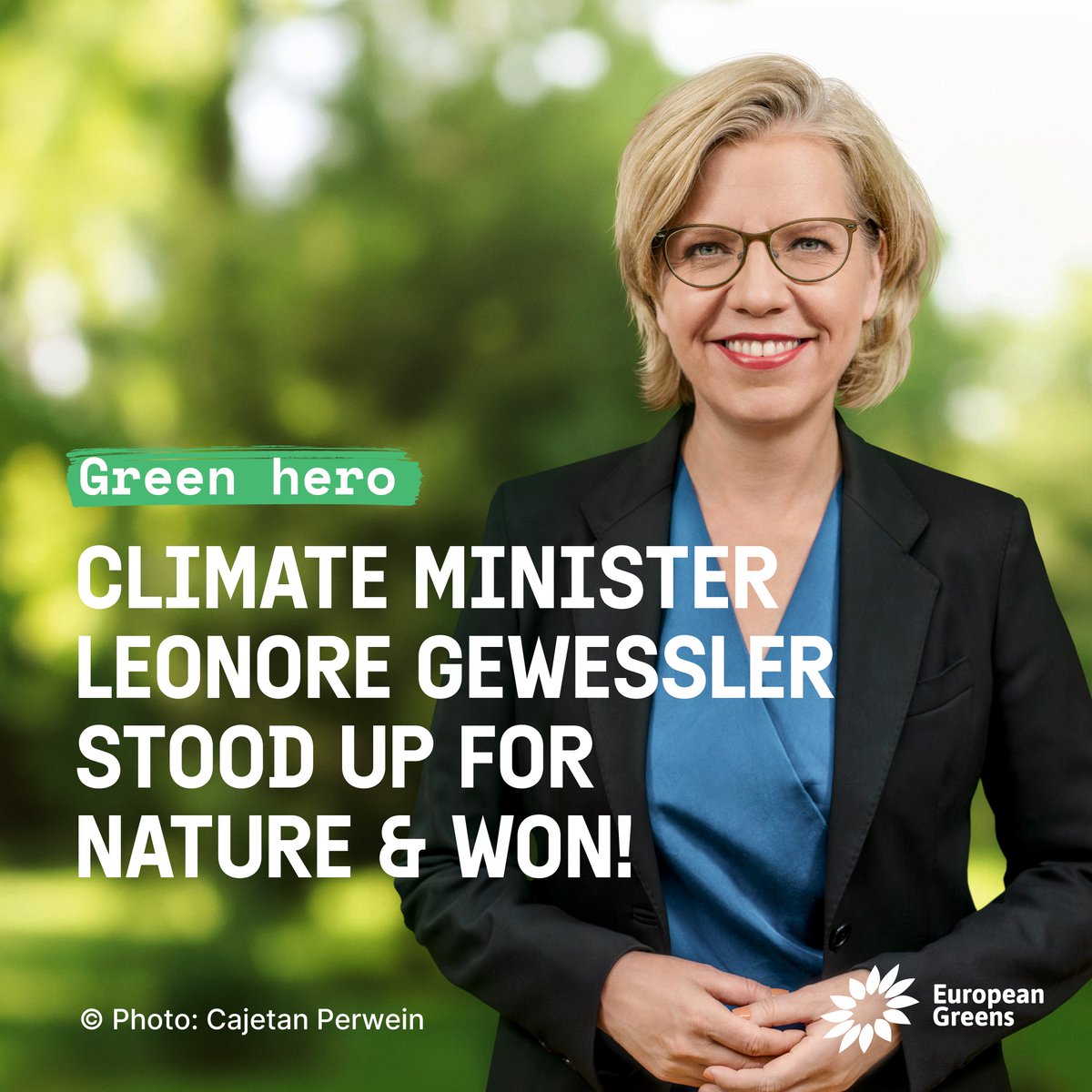 🎉Green hero wins again!

📰 Last June, the Austrian Green Climate Minister went against the veto of her country to save the #NatureRestorationLaw!
Good news: the conservatives’ complaint of abuse of office failed.

💚 Congratulations to <a href="/lgewessler/">Leonore Gewessler</a> &amp; <a href="/diegruenen/">Die Grünen</a> once more.
