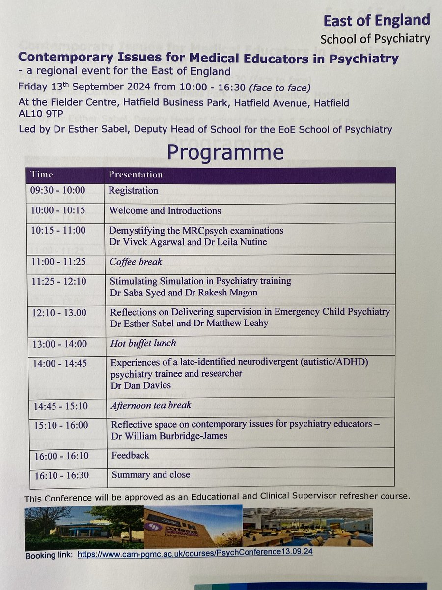 A full programme at our annual trainer conference in sunny Hertfordshire. Great to see so many colleagues in person: the Who’s Who of psychiatric training in the East. #meded ⁦<a href="/NHSHEE_EoE/">NHSE Workforce, Training and Education – EoE</a>⁩