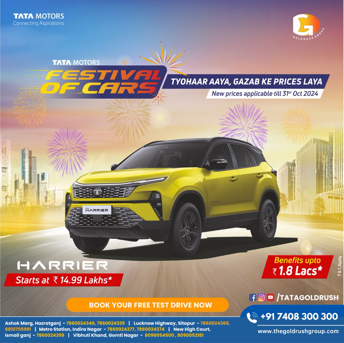 goldrushtata's tweet photo. Our Festival of Cars is filled with offers that will rev up your savings.  . Click the link in the bio book now.​ . Call: +91 7408300300 Visit us at your Nearest TATA Gold Rush Showroom now.  #festival #festivalseason #indianfestival #celebration #offers #Savings #TataMotors https://t.co/3wumwQSTO3