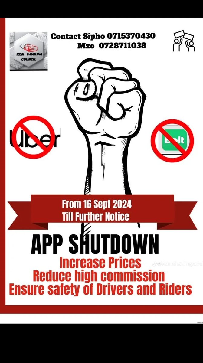 Noluthando6202's tweet photo. The KZN Ehailing Council announced the shutdown of the Uber, Bolt, and Indrive apps from 16 September untill further notice.
#appshutdown
#kzn
@crediblesource_ https://t.co/5YNGnsW5Bi