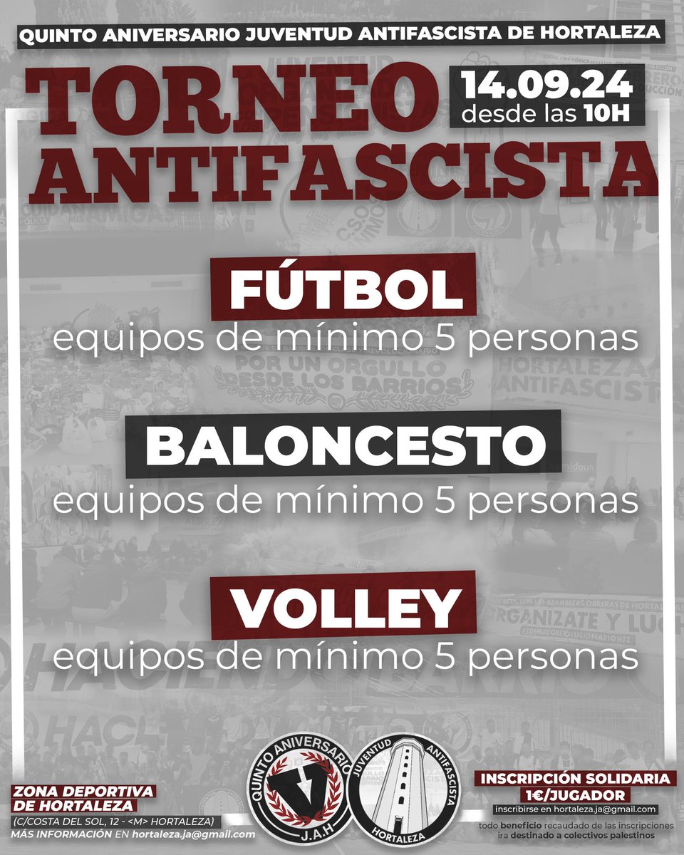 Y mañana, sábado, madrugamos para juntarnos y dar comienzo al torneo antifascista de Hortaleza. 

Desde las 10h estaremos celebrando diferentes partidos de fútbol, baloncesto y vóley. 

¡Pásate a participar y conocernos!

✉️ Inscripciones aún abiertas, ¡escríbenos!