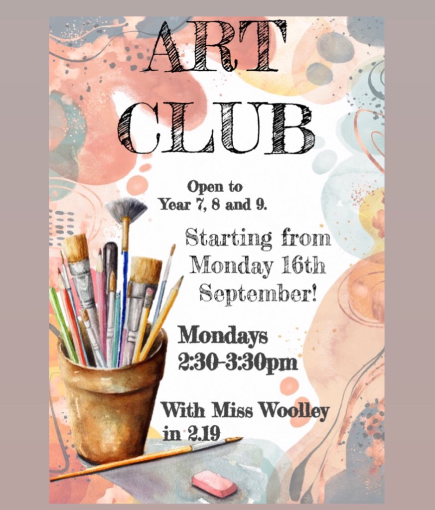 Miss Woolley (@misswoolley_art) on Twitter photo Art Club is back!! Anyone in year 7, 8 or 9 can come to my room, 2.19 on Mondays starting on Monday 16th Sept🎨✏️🖌️♥️
<a href="/jillmoxon77/">OAS Art Dept 🎨</a> <a href="/OutwoodShafton/">OA Shafton</a> Art Club is back!! Anyone in year 7, 8 or 9 can come to my room, 2.19 on Mondays starting on Monday 16th Sept🎨✏️🖌️♥️
<a href="/jillmoxon77/">OAS Art Dept 🎨</a> <a href="/OutwoodShafton/">OA Shafton</a>