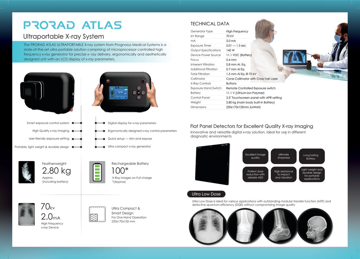 Prognosys_info's tweet image. PRORAD ATLAS ULTRAPORTABLE X-ray system with Ultra Low Dose a state-of-the-art ultra-portable solution. For Features and Specification Download the Flyer: t.ly/UFQKZ

#PRORADATLAS #xray #ultraportablexray #radiationsafe #radiationconscious #SEA #Asia #emea #americas