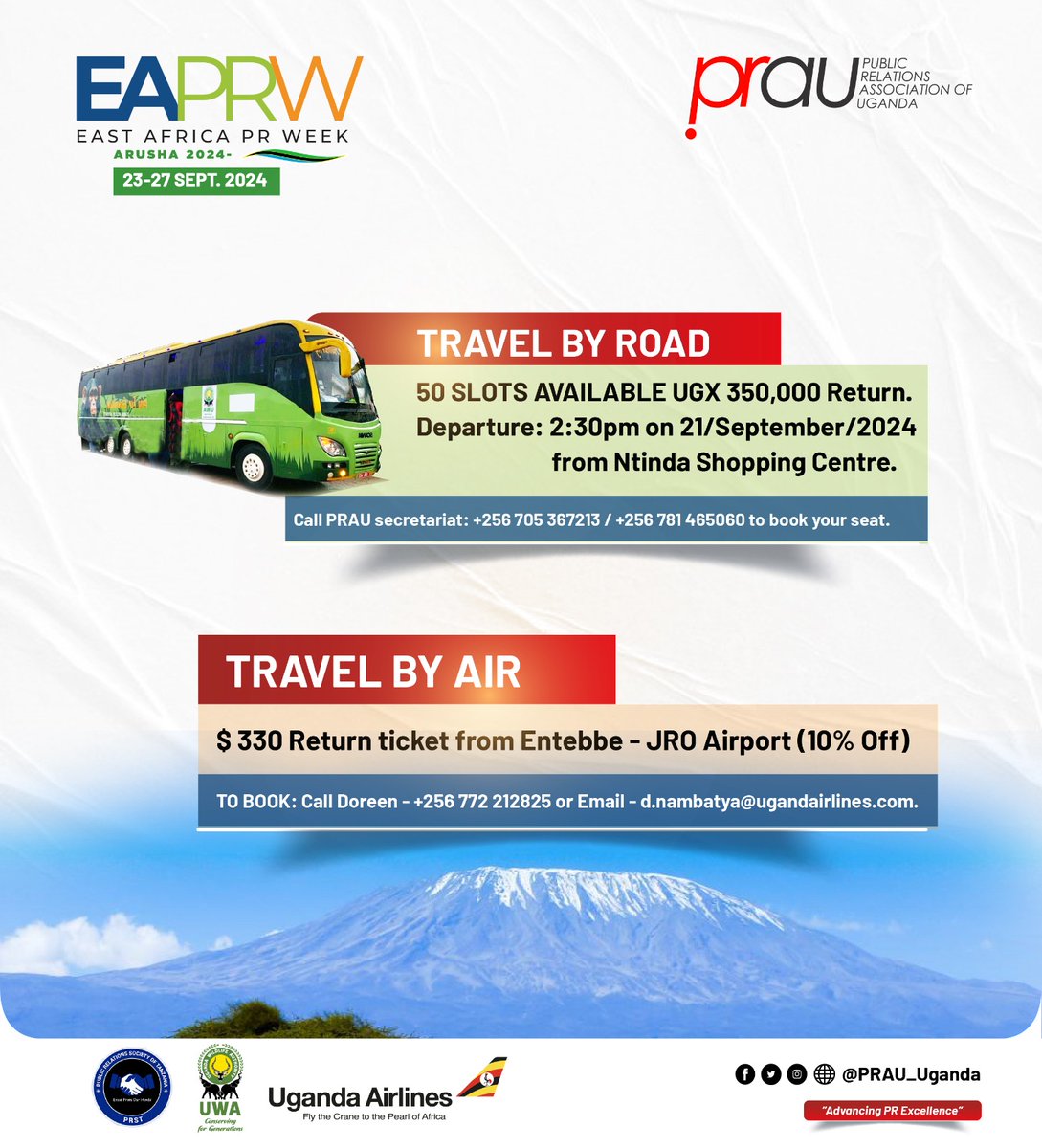 PRAU_Uganda's tweet photo. Fantastic news! 🌟
@UG_Airlines  and @ugwildlife are making it incredibly convenient for attendees of #EAPRWeek2024. Enjoy discounted flights and a comfortable executive bus option to ensure a smooth and enjoyable experience.

#PRExcellence #PRAU #EAPRWeek https://t.co/7WCZyVSq2S