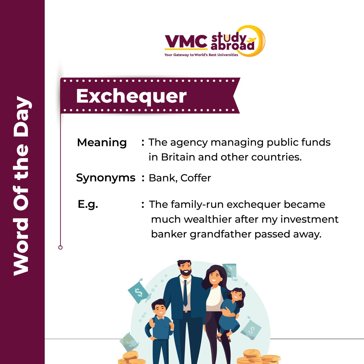 vmcstudyabroad's tweet image. Expand your word bank, elevate your conversations! Dive into the world of vocabulary enrichment and watch your language skills soar.
.
.
.
#exchequer #wordoftheday #meaning #example #synonyms #funds #today #bank #family #vmc #explore #explorepage