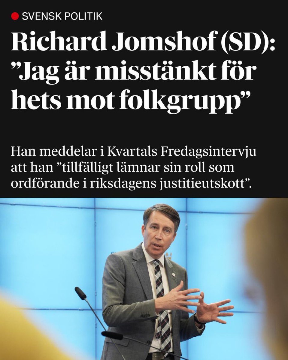 Vi <a href="/socialdemokrat/">Socialdemokraterna</a> har länge varit tydliga med att Jomshof är olämplig, för ett år sedan tog vi ett initiativ för att avsätta honom som utskottsordförande. Vi kördes då över av SD, M,KD,L i den omröstningen.