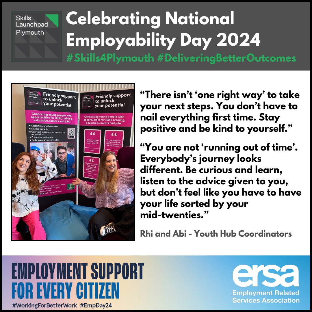PlymLaunchpad's tweet image. As it&apos;s National Employability Day we&apos;re sharing our top tips. Here&apos;s the advice from Rhi and Abi.

If you&apos;re looking for friendly support to access opportunities in Plymouth, the #YouthHub team can help!

#Skills4Plymouth #WorkingForBetterWork #EmpDay24
@Plymouth City Council