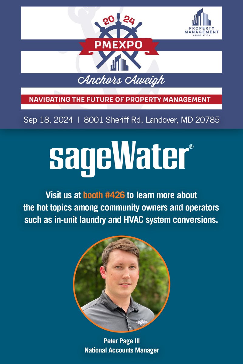 SageWater's tweet image. Come visit us! We’ll be at the PMEXPO on Wednesday at booth #426. Learn about in-unit laundry and HVAC system conversions and other ways we can help you improve your infrastructure and boost ROI. 
#pmexpo #repipe #sagewater #capitalimprovement