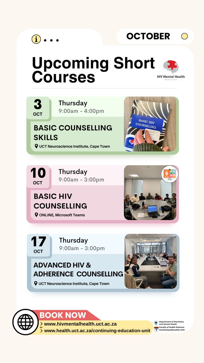 Looking to develop your counselling skills, enhance your CV, and stand out in the mental healthcare field? 
Join the HIVMHRU’s October Short Courses at UCT. 💪
🌟Secure your spot and invest in your future today! Register now at  health.uct.ac.za/hiv-mental-hea…