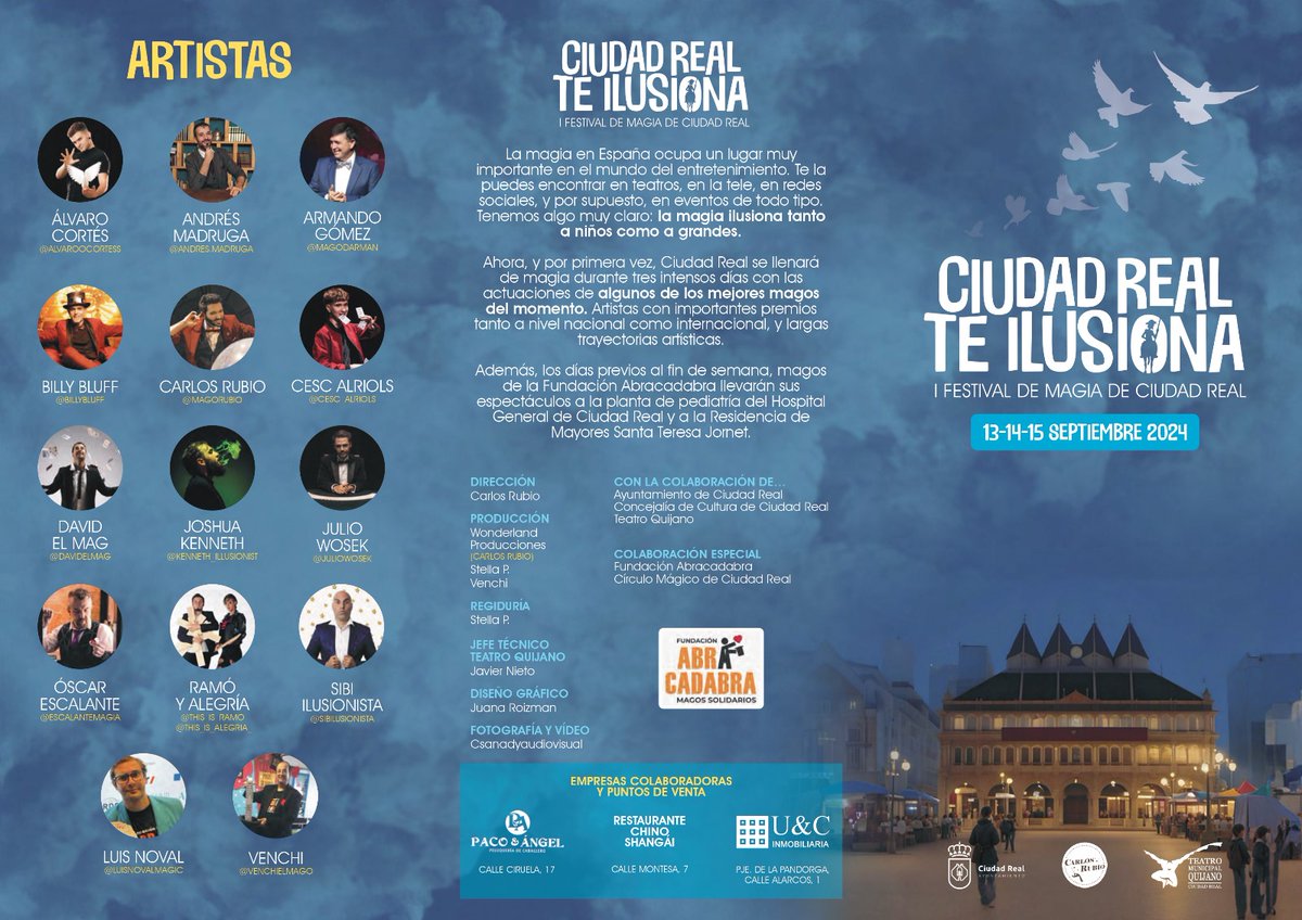 AYTO_CIUDADREAL's tweet photo. 🧙¿Te imaginas disfrutar los magos más originales y sorprendentes del mundo? Ya está aquí #CiudadRealTeIlusiona 

📢Por primera vez, Ciudad Real se llenará de magia este finde de semana con las actuaciones de los mejores magos del momento. https://t.co/VTvhbDv8Qz