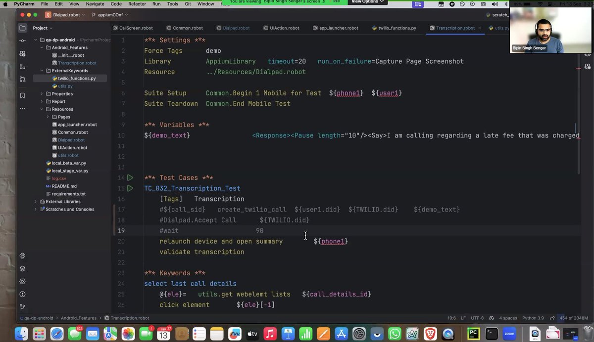 Bipin Singh Sengar exploring the innovative journey of automating VoIP call validation with Twilio and the Robot Framework at #AppiumConf 2024, unlocking new dimensions in mobile app testing.