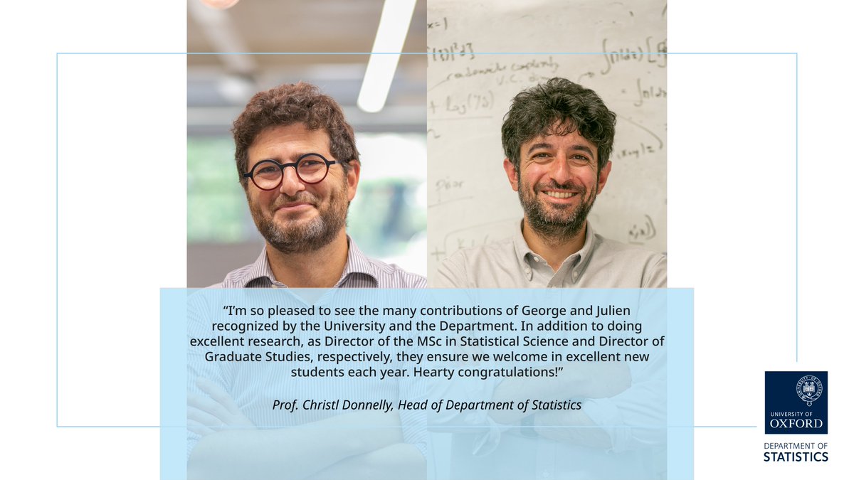 Oxford Statistics (@oxfordstats) on Twitter photo Congratulations to <a href="/GeorgeDeligian9/">George Deligiannidis</a> & <a href="/JBerestycki/">Julien Berestycki</a> on the award of Full Professor title! 🎉
They have been promoted through the <a href="/UniofOxford/">University of Oxford</a> Recognition of Distinction 2024 round. The title acknowledges their achievements in research, teaching & good citizenship. Congratulations to <a href="/GeorgeDeligian9/">George Deligiannidis</a> & <a href="/JBerestycki/">Julien Berestycki</a> on the award of Full Professor title! 🎉
They have been promoted through the <a href="/UniofOxford/">University of Oxford</a> Recognition of Distinction 2024 round. The title acknowledges their achievements in research, teaching & good citizenship.