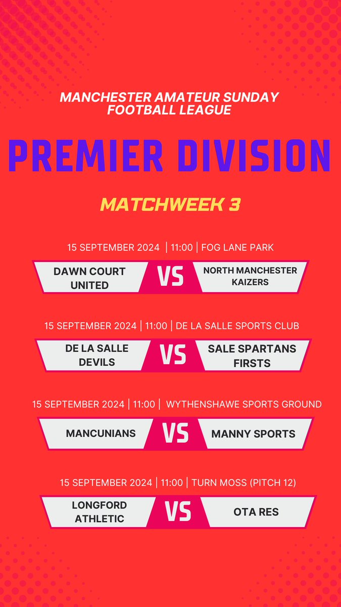 ManchesterASFL's tweet image. 🗓️ FIXTURES 🗓️

This weekend is the third matchweek of the 24/25 season, and we’re expecting some cracking games!

Our 3 Premier Division games are set to be thrillers, while each of the games in Division One could go anyway!

Get down and support your teams!

#masfl