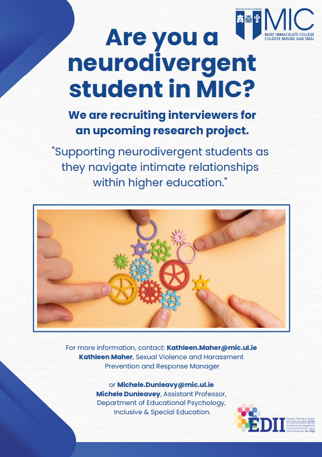 EDII_MIC (@edii_mic) on Twitter photo Do you want a say around the education you receive on consent and relationships in college?
We are seeking student participants for this upcoming exciting research project here in MIC. For more info. get in touch. <a href="/MICLimerick/">Mary Immaculate College (MIC)</a> <a href="/MICThurles/">School of Education, MIC Thurles</a> <a href="/maryisu/">Mary I Students' Union (MISU)</a> Do you want a say around the education you receive on consent and relationships in college?
We are seeking student participants for this upcoming exciting research project here in MIC. For more info. get in touch. <a href="/MICLimerick/">Mary Immaculate College (MIC)</a> <a href="/MICThurles/">School of Education, MIC Thurles</a> <a href="/maryisu/">Mary I Students' Union (MISU)</a>