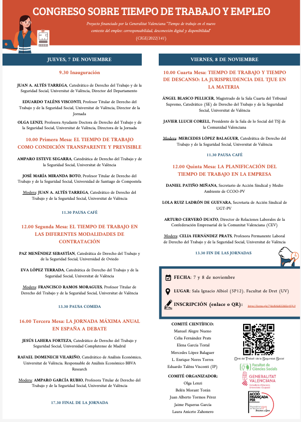 📢⏳Congreso sobre tiempo de trabajo y empleo organizado por <a href="/DretUV/">Facultat de Dret UVEG</a> 

📅7 y 8 de noviembre
📍Facultad de Derecho de la Universidad de Valencia

👇Información y programa