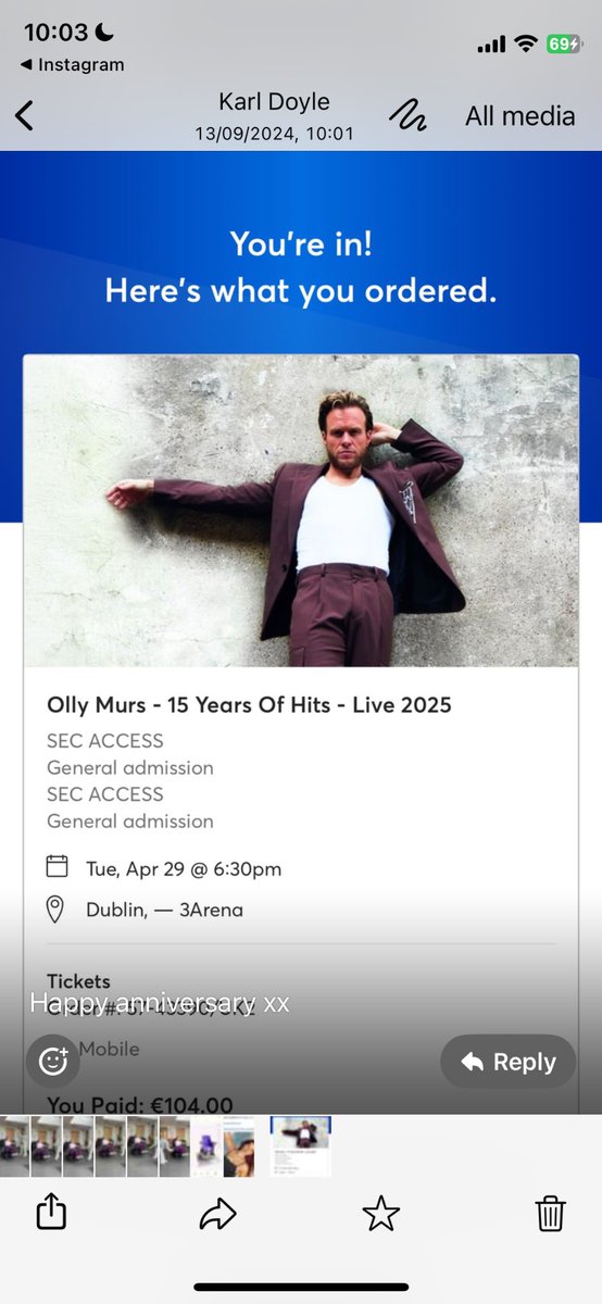 So Karl got me tickets to <a href="/ollymurs/">Olly Murs</a> as an anniversary present, used to beg my parents for tickets to every tour!  in 2011 my ma drove to Belfast with me for his gig &amp; it’s still one of my best memories with her! A year later she passed! Buy the tickets and make the memories 🫶🏻