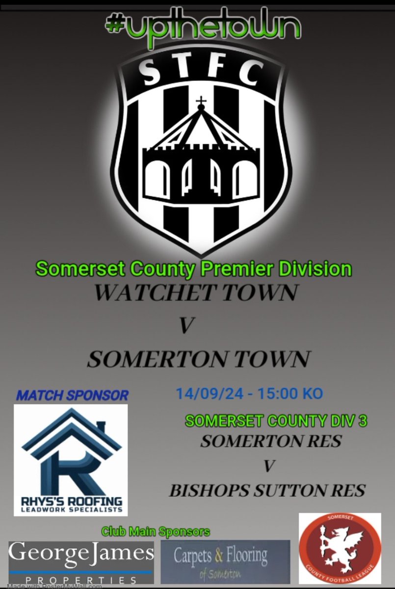 Somerton Town FC.⚫️⬜️⚫️ (@somertontownfc) on Twitter photo Tomorrow's match day fixtures are sponsored by Rhys's Roofing. 
<a href="/watchettownfc/">Watchet Town F.C</a> 
@ResBishop 
<a href="/somersetcfl/">Somerset County FL</a> <a href="/swsportsnews/">South West Sports News</a>
<a href="/SomersetFA/">Somerset FA</a> Tomorrow's match day fixtures are sponsored by Rhys's Roofing. 
<a href="/watchettownfc/">Watchet Town F.C</a> 
@ResBishop 
<a href="/somersetcfl/">Somerset County FL</a> <a href="/swsportsnews/">South West Sports News</a>
<a href="/SomersetFA/">Somerset FA</a>