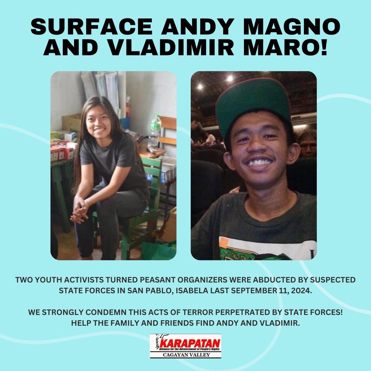 LABING-LIMA (15) NA ANG DESAPARECIDOS SA ILALIM NI MARCOS JR.!

Tapos may dalawa pang dinukot noong Setyembre 11. Huwag nating palampasin, ilitaw sina Andy Magno at Vladimir Maro! Panagutin ang berdugong AFP at si Marocs Jr.!