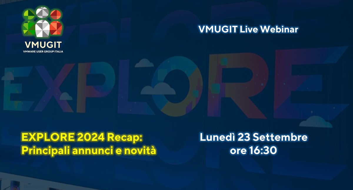 Per il primo #VMUGITFriday dopo la pausa estiva, vi segnaliamo il #webinar "EXPLORE Recap" con le principali novità dell'evento EXPLORE (US) di VMware by Broadcom, tenutosi a fine Agosto.

📅 Lunedì 23/9 ore 16.30
🔗 vmug.it/webinar-explor…

Non mancate!
#vmug #vmugit