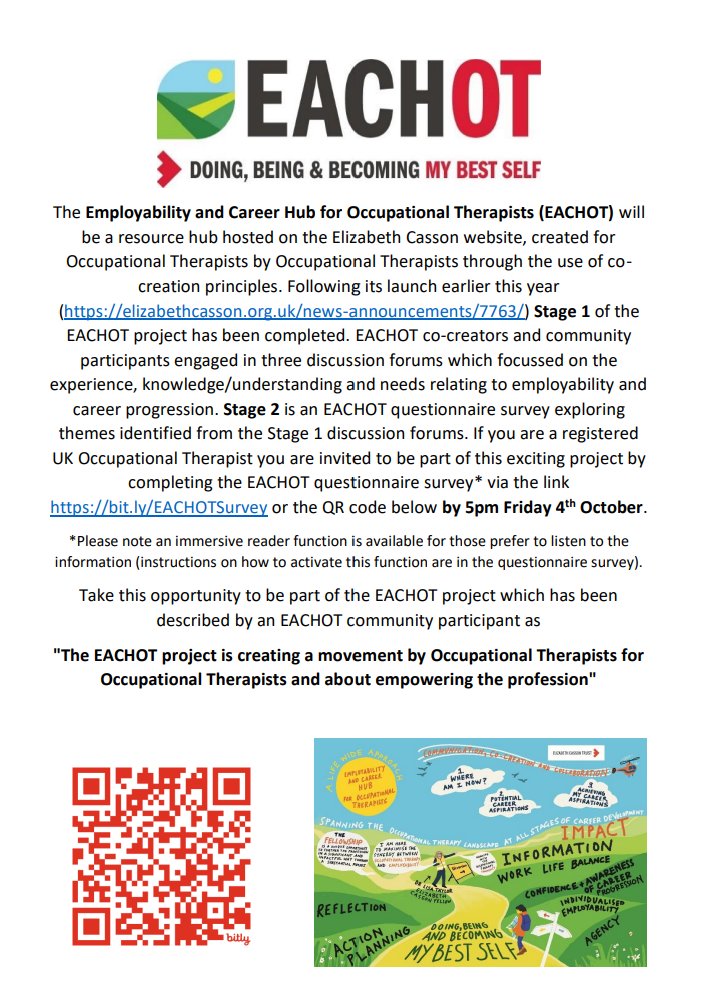 Professor Lisa Taylor (@drlisataylor) on Twitter photo I am thrilled to announce Stage 2 of <a href="/ElizabethCasso1/">ElizabethCassonTrust</a> EACHOT project. Please see invitation details below & share across your UK registered OT networks. Access to the questionnaire survey is via bit.ly/EACHOTSurvey or the QR code below by 5pm Friday 4th October. Thank you. I am thrilled to announce Stage 2 of <a href="/ElizabethCasso1/">ElizabethCassonTrust</a> EACHOT project. Please see invitation details below & share across your UK registered OT networks. Access to the questionnaire survey is via bit.ly/EACHOTSurvey or the QR code below by 5pm Friday 4th October. Thank you.