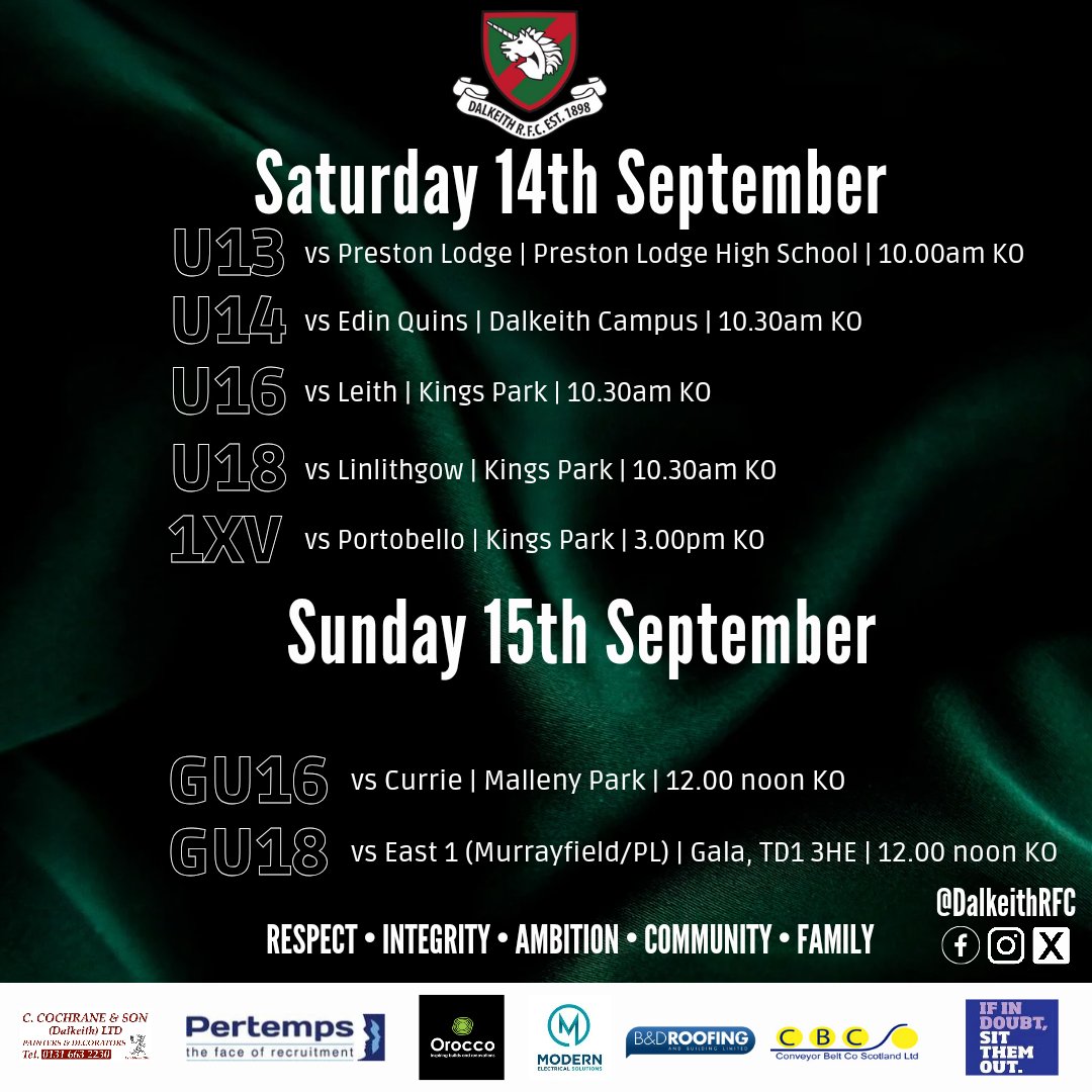 Dalkeith RFC (@dalkeithrfc) on Twitter photo 🏉 YOUR WEEKEND FIXTURES 🏉
A great Saturday ahead for our Youths with all sections getting a run out.
U18s and U16s will be a home in King's Park, U14s at Dalkeith Campus and U13s away to PL
In the afternoon we welcome <a href="/portyrfc/">Portobello RFC</a> to Kings Park in a 3.00pm KO for our 1XV 🏉 YOUR WEEKEND FIXTURES 🏉
A great Saturday ahead for our Youths with all sections getting a run out.
U18s and U16s will be a home in King's Park, U14s at Dalkeith Campus and U13s away to PL
In the afternoon we welcome <a href="/portyrfc/">Portobello RFC</a> to Kings Park in a 3.00pm KO for our 1XV