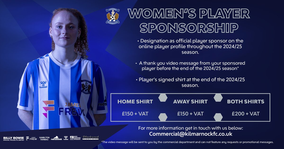 Fancy sponsoring a player? 👕 

Sponsorship opportunities are available for our women's team, including a special deal if you take out home &amp; away sponsorship!  

Email commercial@kilmarnockfc.co.uk for more details 🫡