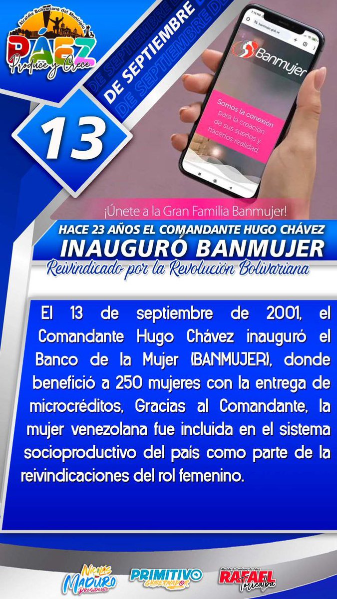 #13SEP En el 2001, el Comandante Hugo Chávez inauguró el Banco de la Mujer (BANMUJER), donde benefició a 250 mujeres con la entrega de microcréditos.