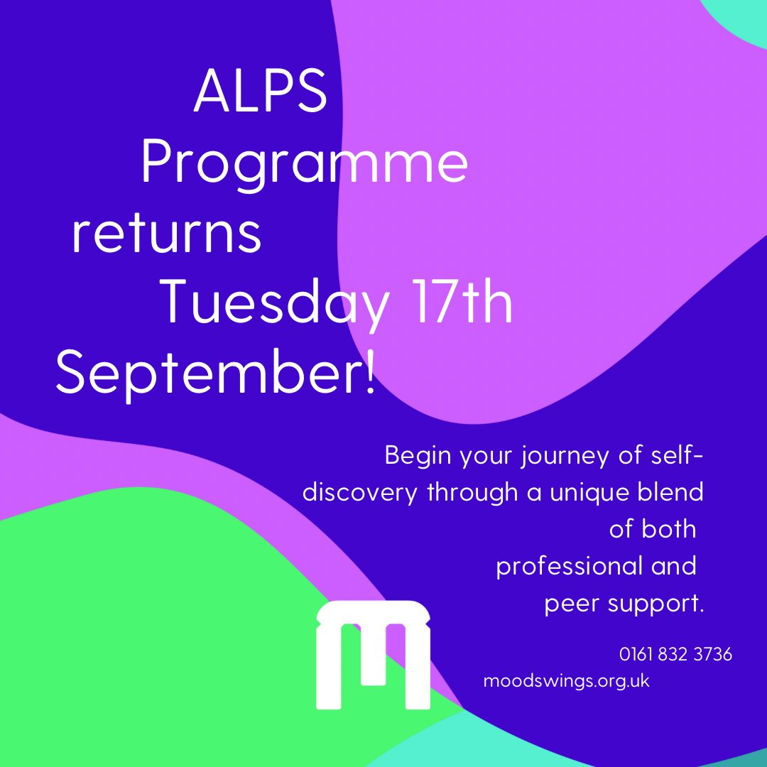 Our ALPS Wellbeing Workshop is back on!

ALPS requires no specialised skills and is open to anyone who can commit to the 6 session, monthly programme. 🧠

Get in touch to secure your place!
moodswings.org.uk / 0161 832 3736 

#likethewayyouthink #mentalhealth