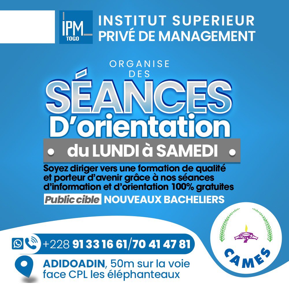 ipm_Togo's tweet photo. Séances d’information à IPM Togo… Une opportunité à saisir !
*Choisir c’est bon mais bien choisir c’est mieux !*
#ipmtogo
#séances d’information https://t.co/oQstepDT6Q