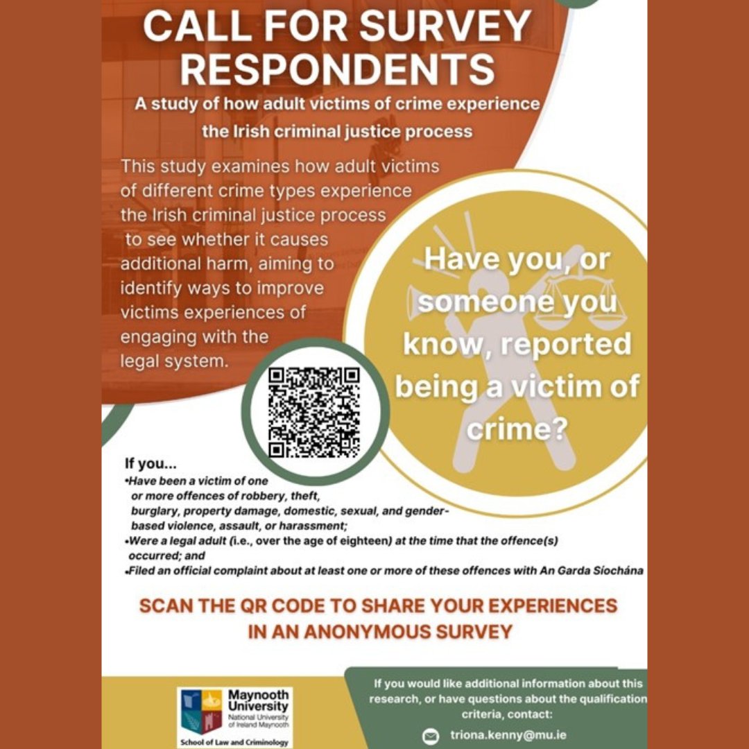 CrimeVictimsHelpline (@crimevictimline) on Twitter photo Maynooth University researcher Triona Kenny is conducting vital research to understand how the Irish criminal justice process impacts victims.
Click on the link to participate in the survey: app.onlinesurveys.jisc.ac.uk/s/maynoothuniv…
For any questions, reach out to Triona at triona.kenny@mu.ie. Maynooth University researcher Triona Kenny is conducting vital research to understand how the Irish criminal justice process impacts victims.
Click on the link to participate in the survey: app.onlinesurveys.jisc.ac.uk/s/maynoothuniv…
For any questions, reach out to Triona at triona.kenny@mu.ie.