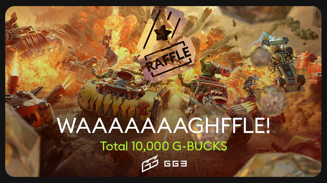 GG3_xyz's tweet photo. WAAAGHFFLE TIME, YA GITZ! 🍄💥

Listen up, ya runts! Da biggest, baddest raffle in da galaxy iz 'ere!

Wot ya gotta do: 
🔊 Make da X-thingy shake wiv yer loudest WAAAGH! 
🎮 Krump sum gitz in dem Warhamma games 
💪 Smash fru GG3 kwestz like dey wuz puny 'umies 
🔄 Keep bashin' dat GG-Button like it's Gork (or maybe Mork)

Get lucky, and ya might get more teef dan ya can carry!
200 of ya gitz can win 500 G-Bucks each! Dat's more dakka dan a looted Stompa!

So wot ya waitin' for? Get to it, ya grot-brained squigs!
WAAAGH!!! 🪓🚀