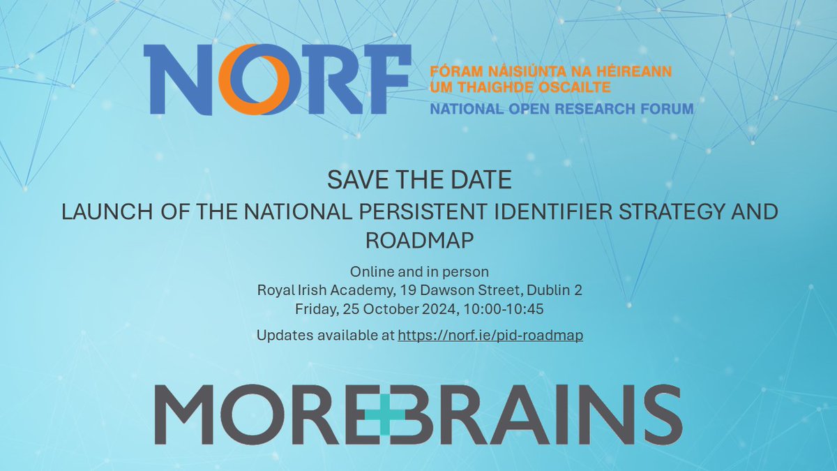 We are delighted to announce that Ireland’s National PID Strategy and Roadmap will be launched during a meeting of the nineteen NORF-funded open research projects on Friday, 25 October, 10:00-10:45. Further details: norf.ie/save-the-date-…