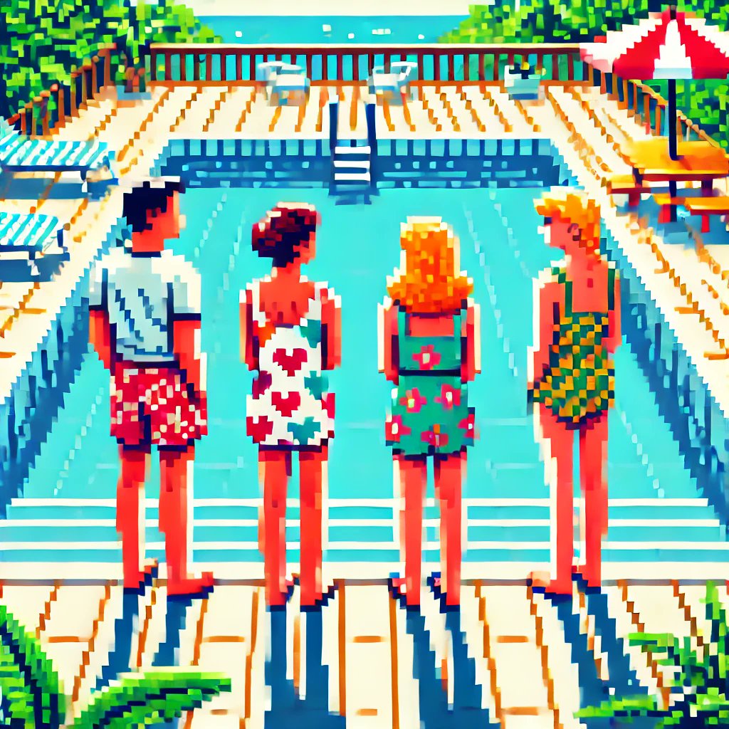 GregRalphQ's tweet image. PixelArt #PoolPartyVibes A trio of friends rocking retro swimsuits and soaking in the summer sun! 🌞🌸💦 #RetroHumor #Comic #SummerFun #Nostalgia