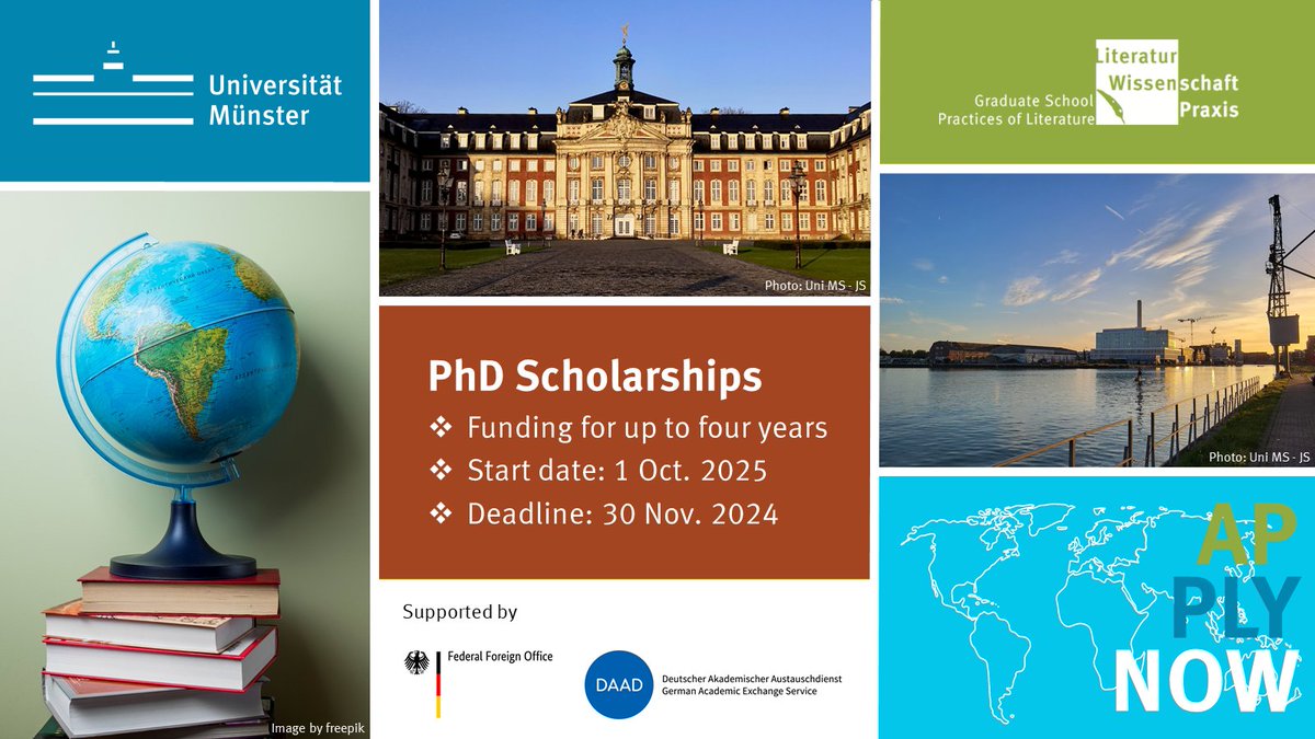 Anna Thiemann (@annatmann.bsky.social) (@annatmann) on Twitter photo 🚨 Exciting opportunity! 🚨
The Graduate School Practices of Literature <a href="/uni_muenster/">Universität Münster</a> is offering DAAD scholarships for international candidates! 🌍✨ Join a 3-year PhD program (with possible 4th year funding) in an inspiring academic environment! Details: uni.ms/gssp 🚨 Exciting opportunity! 🚨
The Graduate School Practices of Literature <a href="/uni_muenster/">Universität Münster</a> is offering DAAD scholarships for international candidates! 🌍✨ Join a 3-year PhD program (with possible 4th year funding) in an inspiring academic environment! Details: uni.ms/gssp