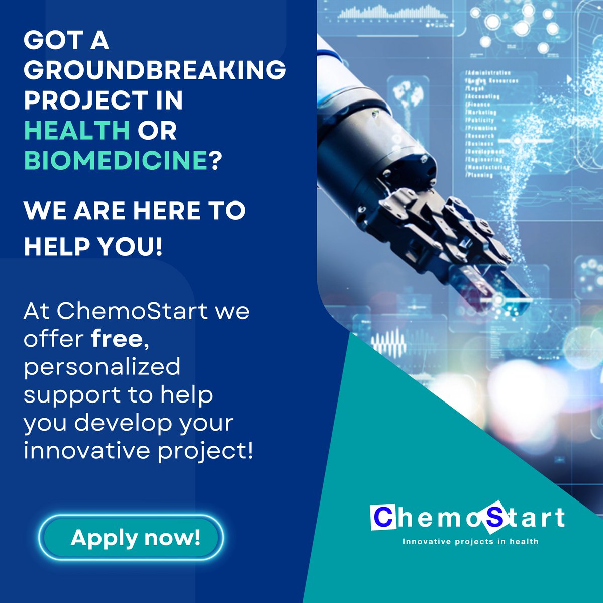 Juan Carlos Santamaría (@jsantamariaglez) on Twitter photo ¿Tienes un proyecto innovador de #Salud o #Biomedicina? El programa #Chemostart de <a href="/InsudPharma/">Insud Pharma</a> puede acelerar el crecimiento de tu proyecto
Como mentor del programa, os anuncio que la convocatoria de proyectos está abierta hasta el 22 de noviembre
chemostart.com ¿Tienes un proyecto innovador de #Salud o #Biomedicina? El programa #Chemostart de <a href="/InsudPharma/">Insud Pharma</a> puede acelerar el crecimiento de tu proyecto
Como mentor del programa, os anuncio que la convocatoria de proyectos está abierta hasta el 22 de noviembre
chemostart.com