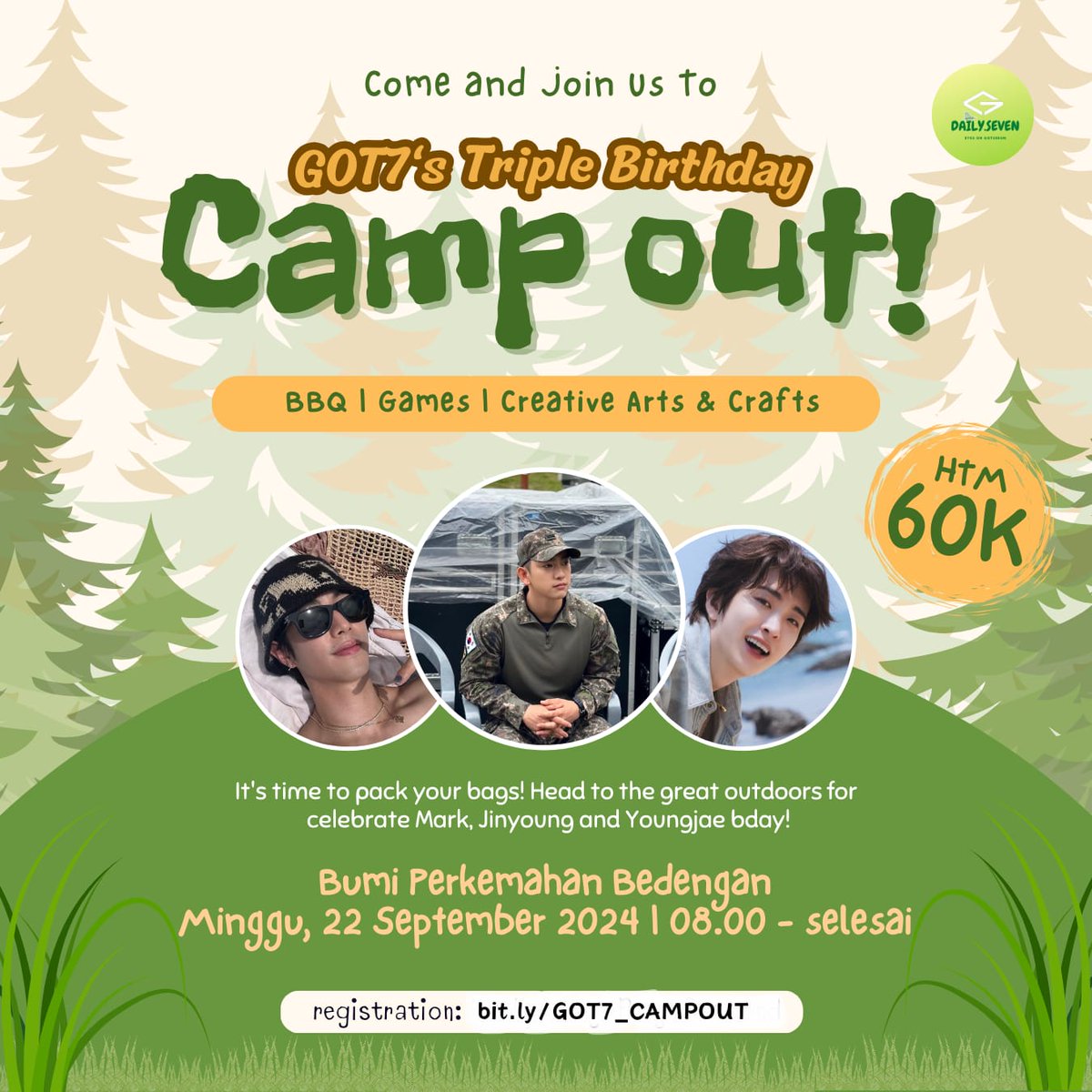 DailySeven7's tweet photo. Halo Ahgase Malang & sekitarnya. untuk memperingati Birthday September boys GOT7 :
๐๏ธ : Minggu, 22 September 2024
๐ : 08.00 - END
๐๏ธ : Bumi Perkemahan Bedengan (titik kumpul menyusul)
๐ฐ : 60k
๐ https://t.co/4xhX6CtPP0 (link di bio)
#GOT7Indonesia #GOT7Jatim #IGOT7Malang https://t.co/Eb6pfqEiLI