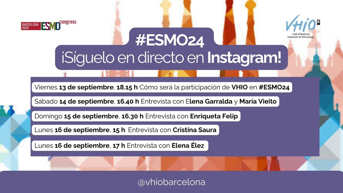 Vall d’Hebron Institute of Oncology (VHIO) (@vhio) on Twitter photo ¡Sigue #ESMO24 en directo en Instagram!
🗓️ 13/9 18.15 VHIO a ESMO
🗓️ 14/9 16.40 Entrevista @ElenaGarralda y Maria Vieito
🗓️ 15/9 16.30 Entrevista <a href="/EnriquetaFelip/">Enriqueta Felip</a>
🗓️ 16/9 15.00 Entrevista <a href="/CristinaSaura3/">Cristina Saura</a>
🗓️ 16/9 17.00 Entrevista @elena_elez
🎦 instagram.com/vhiobarcelona/ ¡Sigue #ESMO24 en directo en Instagram!
🗓️ 13/9 18.15 VHIO a ESMO
🗓️ 14/9 16.40 Entrevista @ElenaGarralda y Maria Vieito
🗓️ 15/9 16.30 Entrevista <a href="/EnriquetaFelip/">Enriqueta Felip</a>
🗓️ 16/9 15.00 Entrevista <a href="/CristinaSaura3/">Cristina Saura</a>
🗓️ 16/9 17.00 Entrevista @elena_elez
🎦 instagram.com/vhiobarcelona/