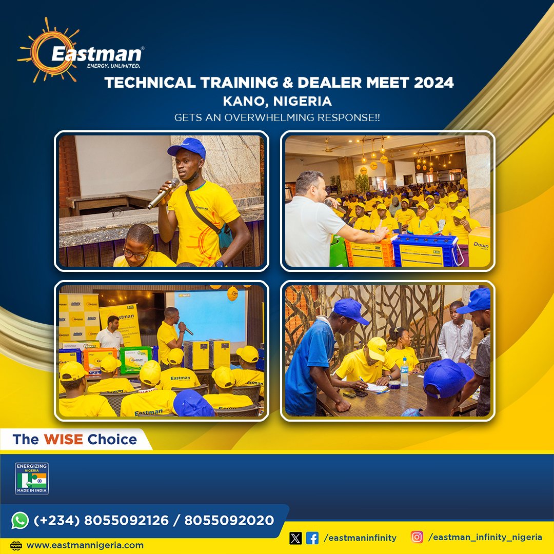 EastmanInfinity's tweet photo. 🌟 Eastman Team's Impactful Technical Training &amp; Dealer Meet in Kano, Nigeria 🌟

Eastman Nigeria
📞 (+234) 8055092126 / 8055092020
🌐 https://t.co/KwROKdDjbu

#Eastman #EastmanBatteries #EastmanInverters #TechnicalTraining&amp;DealerMeet #Kano #Nigeria #EastmanNigeria #TheWiseChoice https://t.co/eRKWT72ZrQ