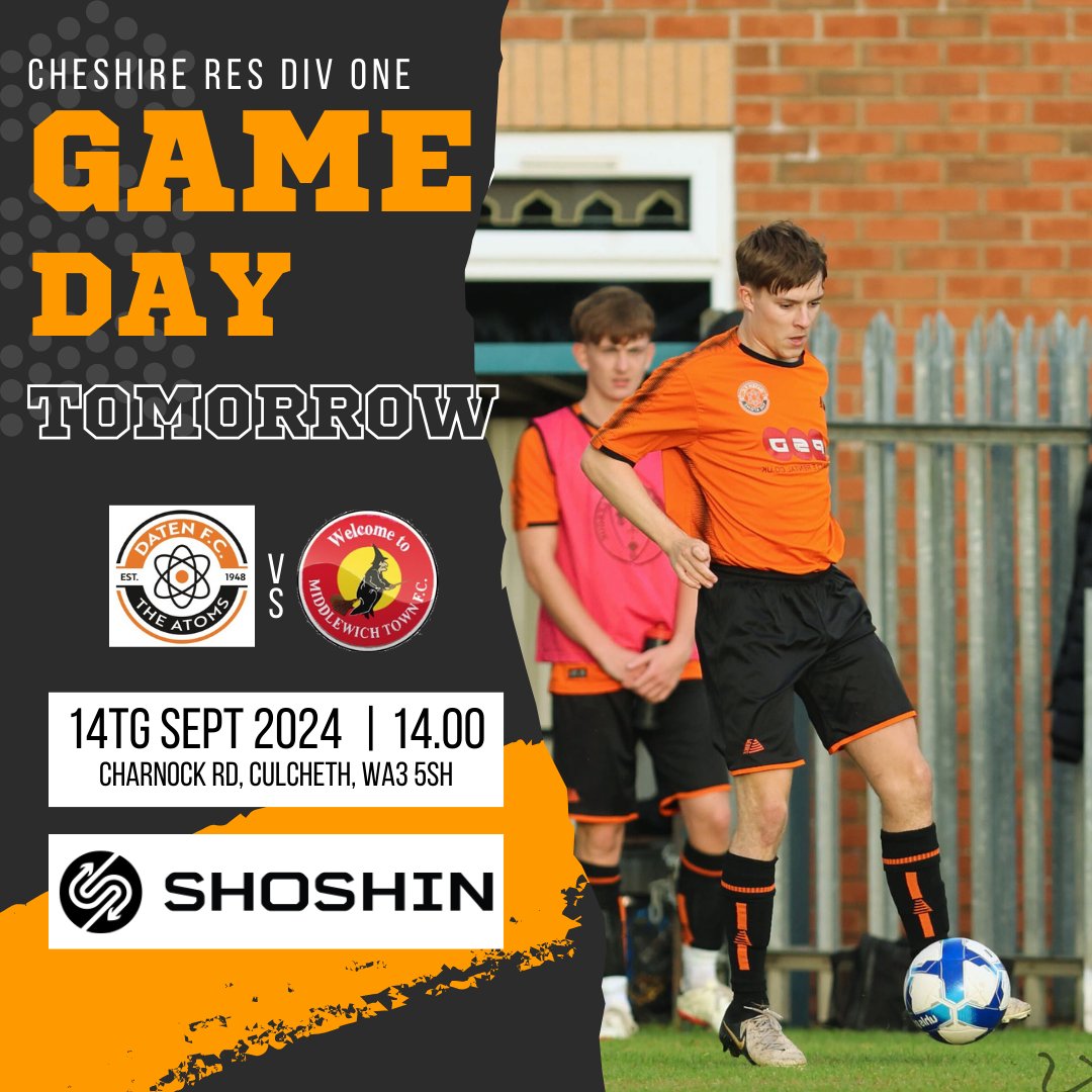 GAME DAY - TOMORROW ⚽️

Daten F.C are on the road they face Malpas in the <a href="/CheshireFL/">Cheshire Football League ⚽️</a>

Whilst our reserves play host Middlewich 

Two great games .... COME ON DATEN!! 💪

#UpTheAtoms
⚛️
