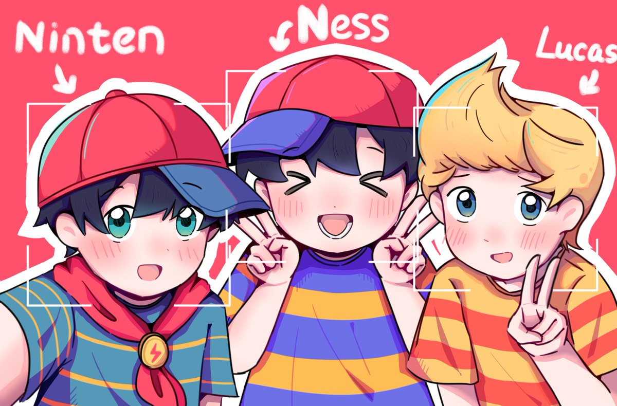 Twitter的点图＋4，是三个主角的合照，目前算是点图里面耗时最长的作品了😌 #mother1 #MOTHER2 #MOTHER3 #EarthBound #earthboundbeginning