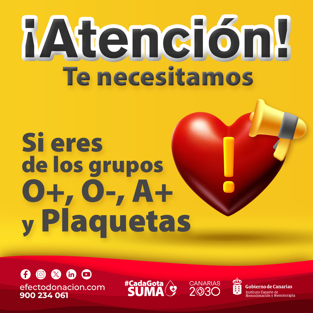 ¡Urgente! 🚨

Los múltiples accidentes de tráfico del fin de semana y la intensa actividad hospitalaria han afectado los niveles de stock de hemoderivados, especialmente de los grupos O+, O-, A+ y plaquetas.

Necesitamos la colaboración de todos los donantes para recuperar