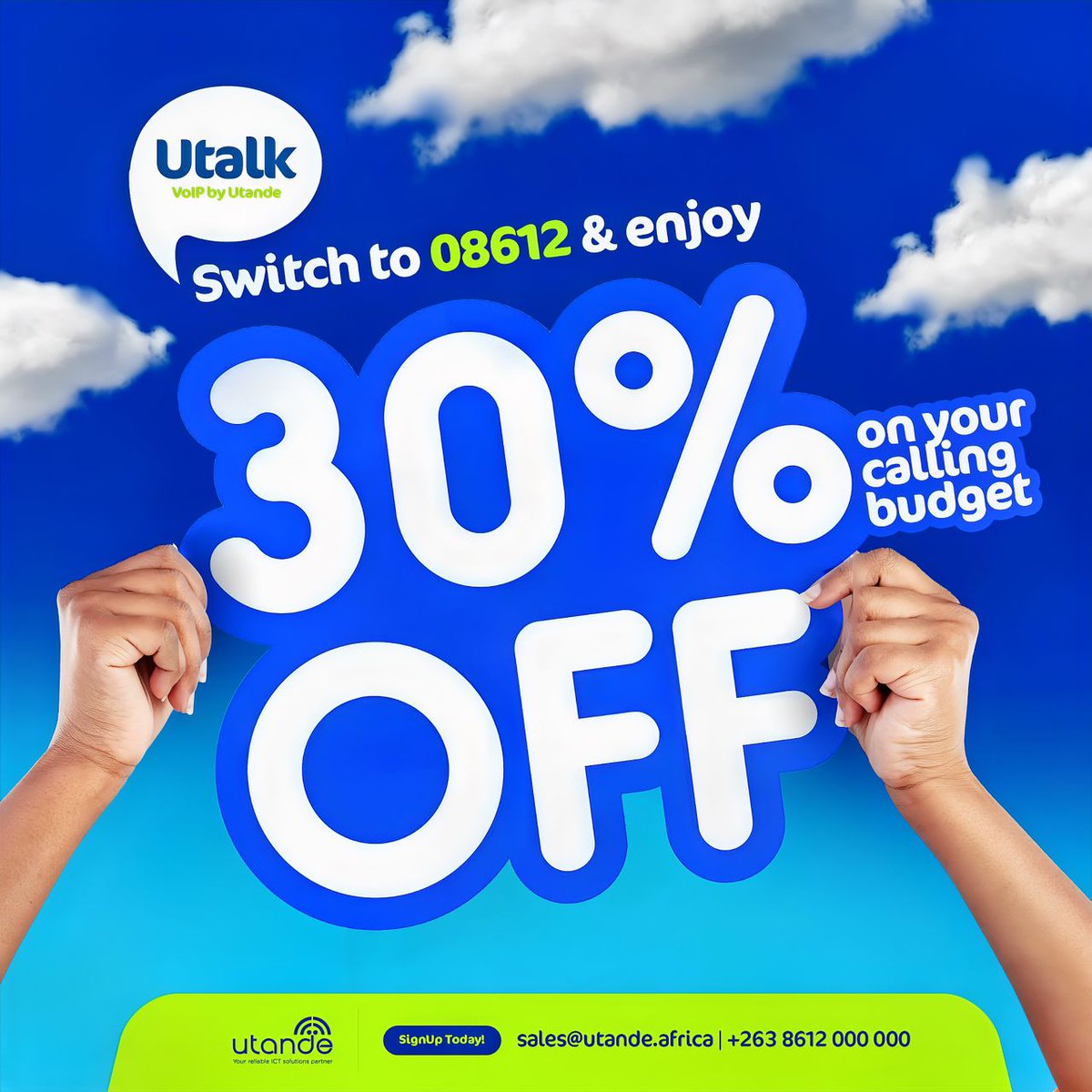 utandezw's tweet photo. Switch to 08612 VOIP and Save Big! Enjoy a 30% discount on your calling budget when you switch to 08612. Contact us at sales@utande.africa to start saving big!
#Utande #VOIP #08612 https://t.co/GBDRF3ibnx