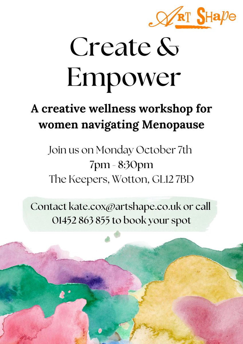 Art Shape (@artshape) on Twitter photo Create and Empower
A creative wellness workshop for women navigating Menopause.
Please contact kate.cox@artshape.co.uk or call 01452 863 855 to find out more and book your place.
#Glos #Local #Wotton #ArtShape #Menopause #MenopauseSupport #CreativeWellbeing #LetsTalkMenopause Create and Empower
A creative wellness workshop for women navigating Menopause.
Please contact kate.cox@artshape.co.uk or call 01452 863 855 to find out more and book your place.
#Glos #Local #Wotton #ArtShape #Menopause #MenopauseSupport #CreativeWellbeing #LetsTalkMenopause
