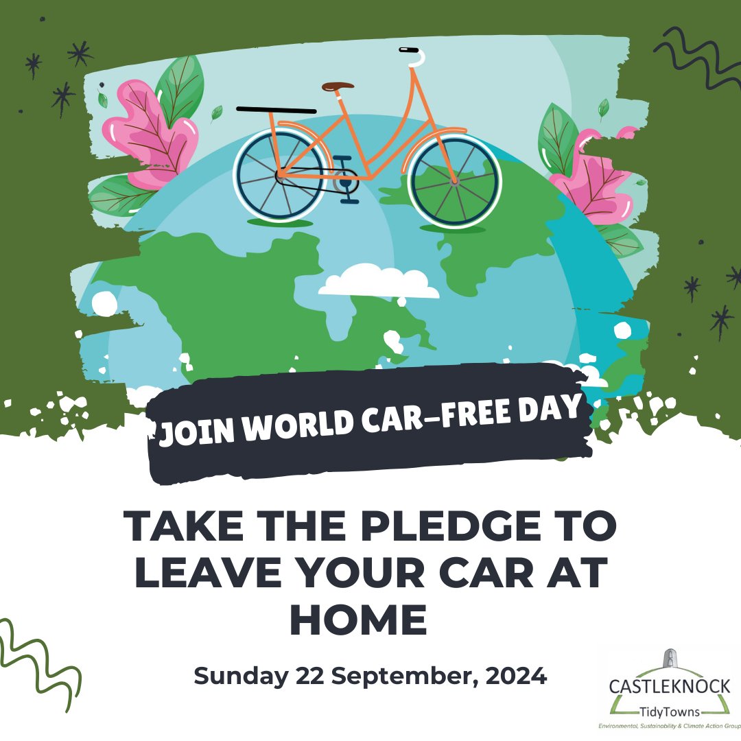 Join #WorldCarFreeDay on Sunday, 22 Sept!  Leave your car at home &amp; help reduce pollution, traffic, &amp; your carbon footprint. Let's enjoy a day of fresh air, exercise, &amp; community spirit! 
Bike, walk, garden, or take the train!
Comment "I'm in" to pledge!  #Castleknockcarfreeday